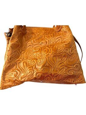 Isadora of Florence Tan Italian Handbag With Embossed Scroll Pattern  16 x 12"